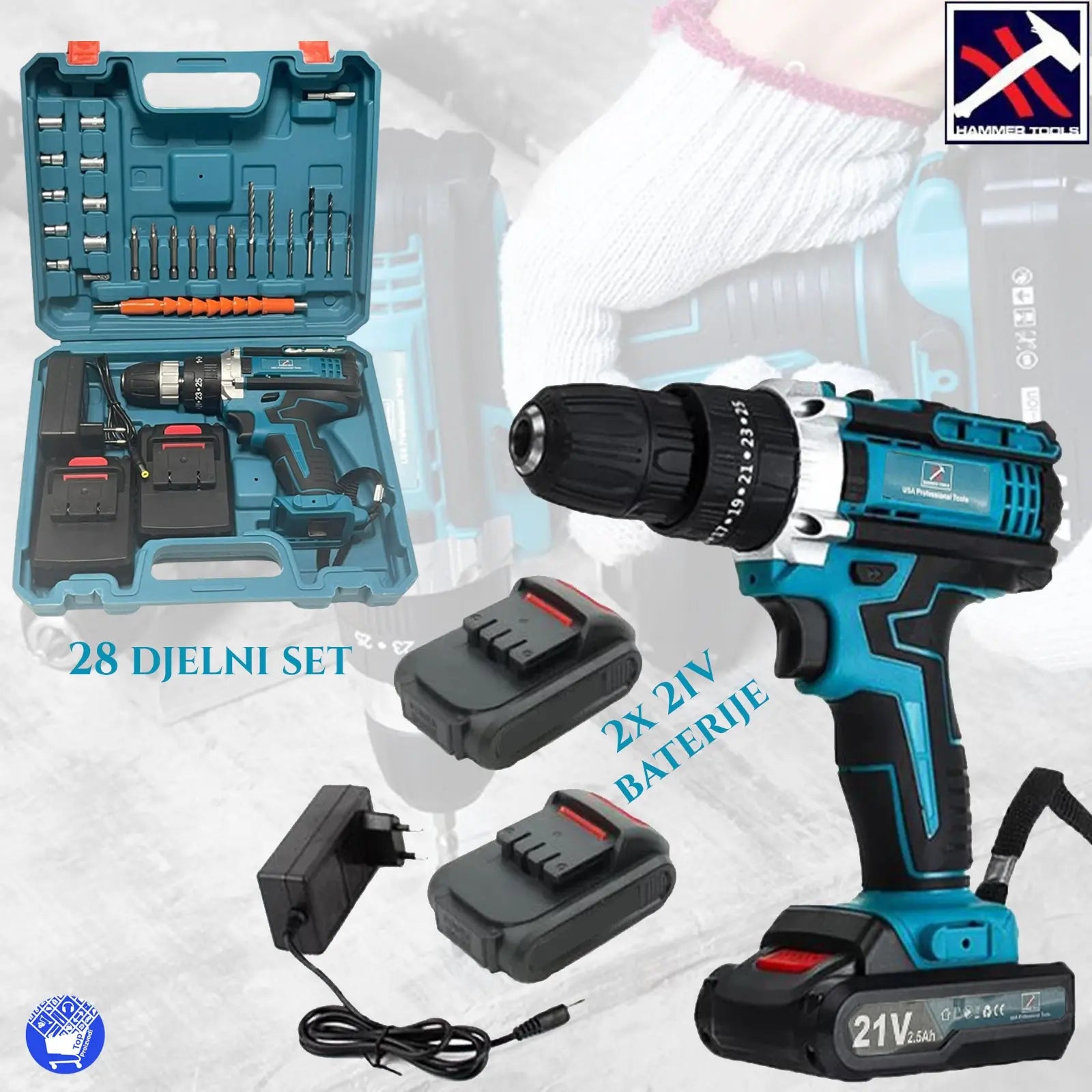AKU BUŠILICA 21V (SET OD 28 KOMADA) X2 BATERIJA HAMMER TOOLS Outlet Prodaja